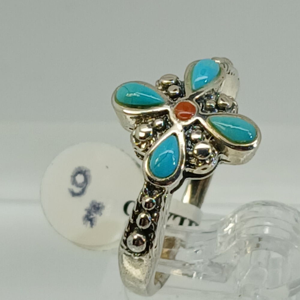 Vintage 90s BOMA Sterling Silver Turquoise Coral Flower Ring Size 6 Thailand NOS - Picture 6 of 16